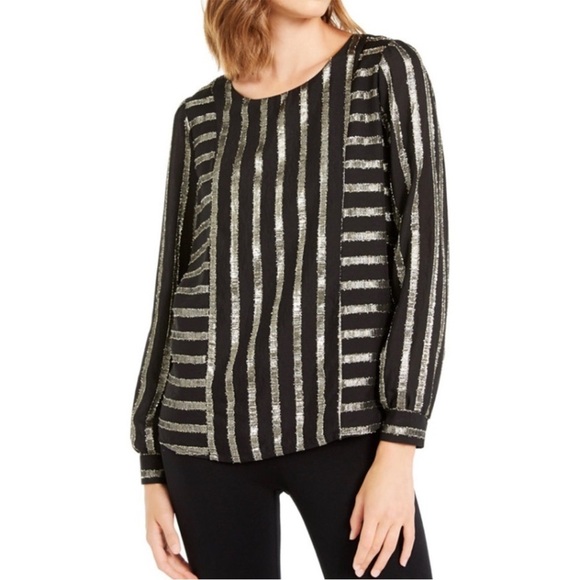 Alfani Black and Gold Metallic Striped Long Sleeve Blouse - Picture 1 of 11